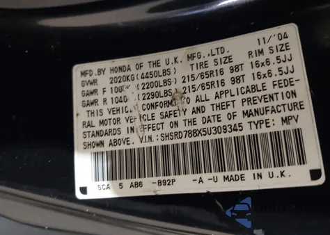 2005 Honda Cr-V Ex z USA, uszkodzony, nr VIN SHSRD788X5U309345